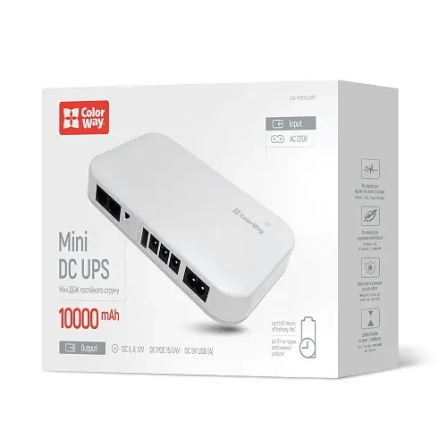 Джерело безперебійного живлення для роутера ColorWay Mini DC UPS, White, 10000 mAh (37Wh), 1xDC (12V/1.4A), 1xDC (9V/1.8A), 1xDC (5V/1.8A), 1xUSB (5V/1.8A), PoE (15V/1.3A / 24V/0.9A), індикатор заряду (CW-PB100LI3WT) - фото 6
