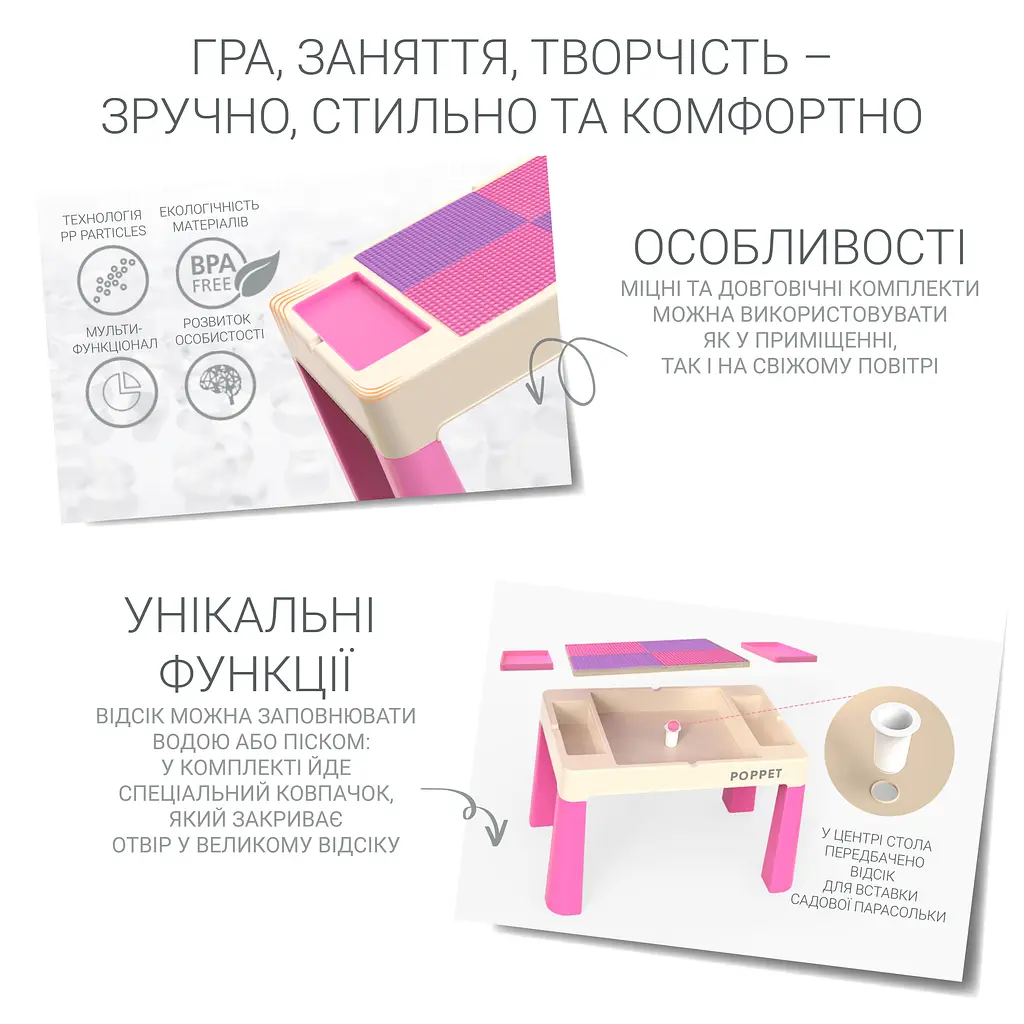 Комплект Poppet Столик Color Pink 5 в 1 + Стілець + Подушка на стілець + Набір фломастерів (PP-002P-G) - фото 4