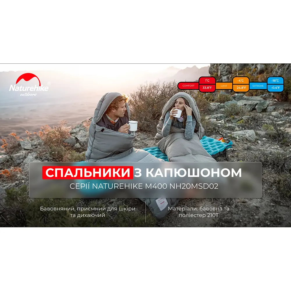 Спальник з капюшоном Naturehike M400 NH20MSD02, 1°C правий сірий - фото 5