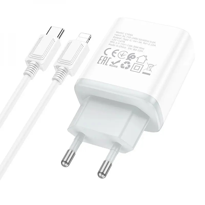 Мережевний зарядний пристрій Hoco C104A PD20W 1USB-C + кабель Type-C to Lightning White - фото 2