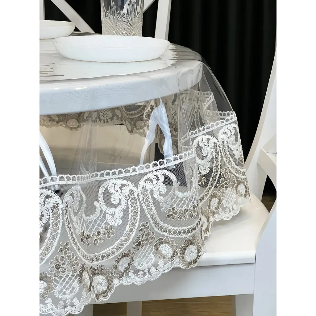 Силіконова скатертина з біло-кавовим мереживом Арка 15 см 370х180 см - фото 1