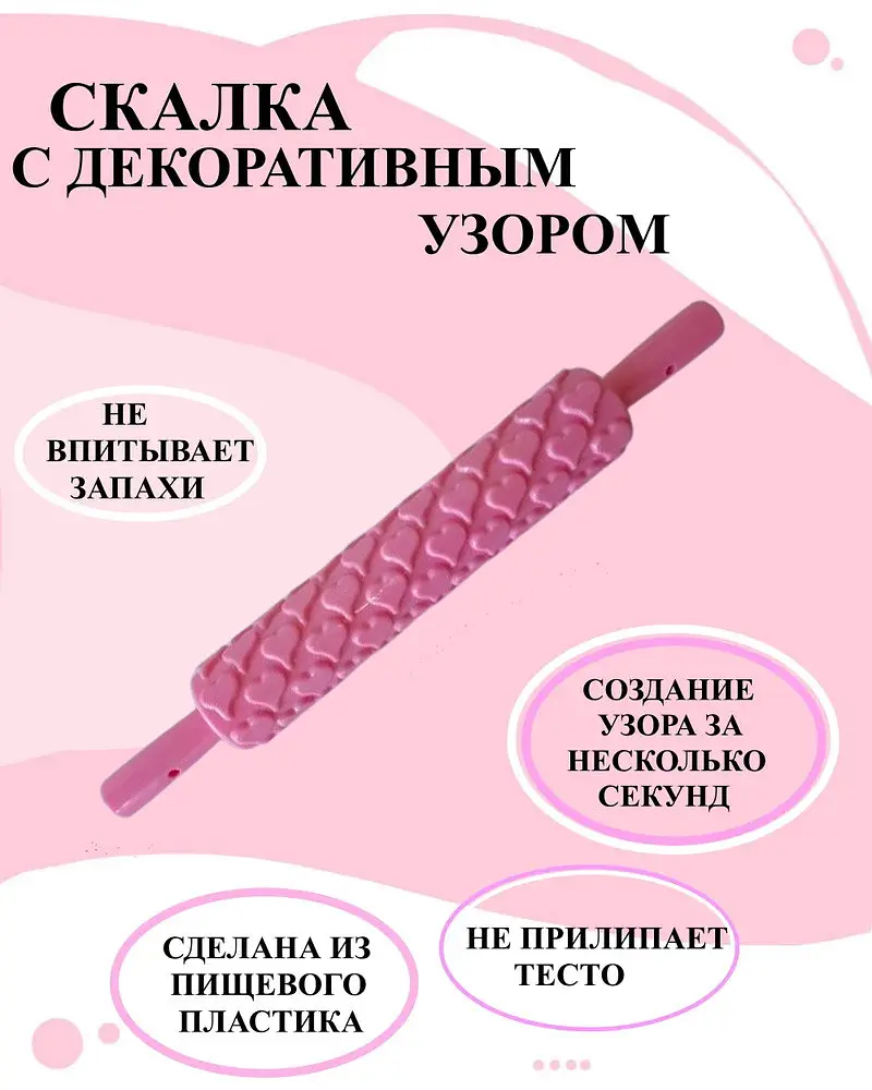 Скалка текстурна кондитерська пластикова для мастики з візерунком Серця 39 см Ø 5.3 см, Kitchen Master Рожевий 85111 - фото 2