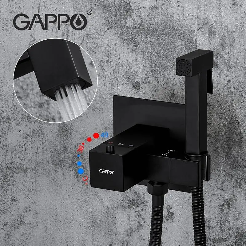 Набор гигиенического душа скрытого монтажа Gappo G7207-60 с черным термостатом, Черный матовый - фото 4