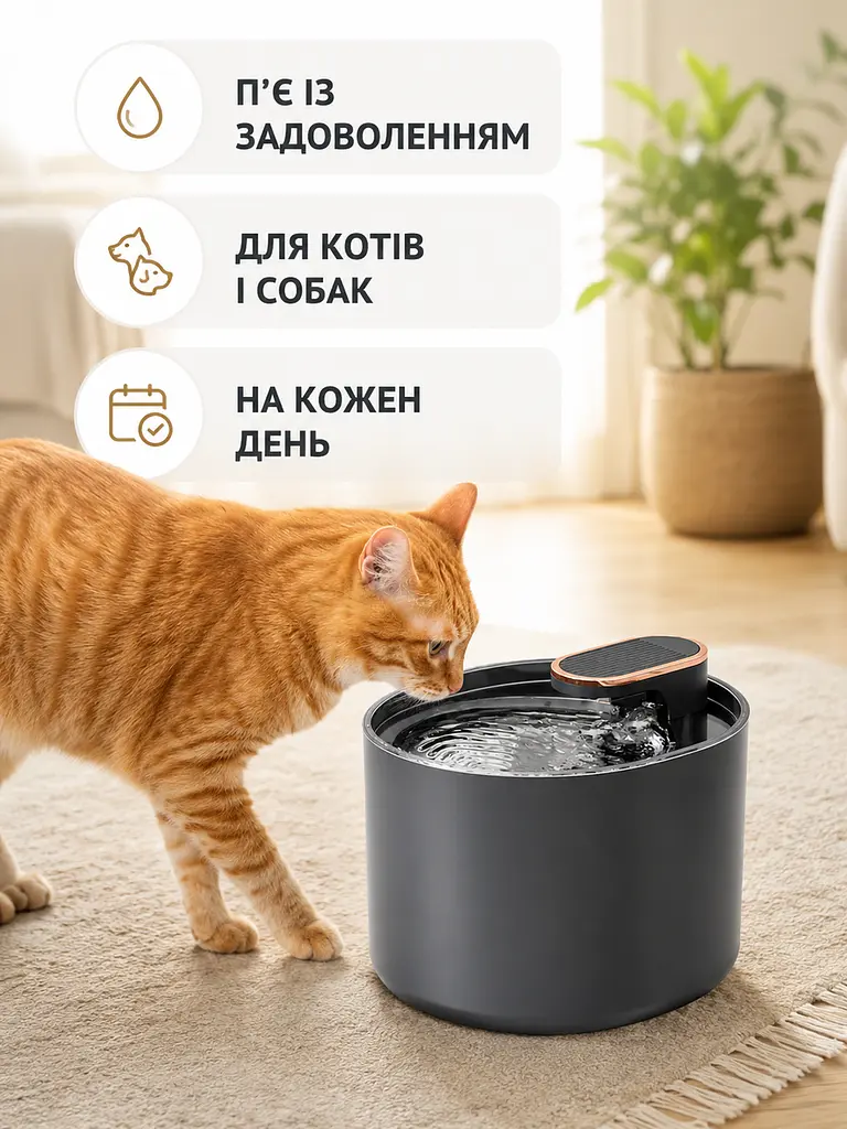 Автоматична поїлка для тварин 3 л фонтан USB з фільтром чорний (49676060) - фото 4