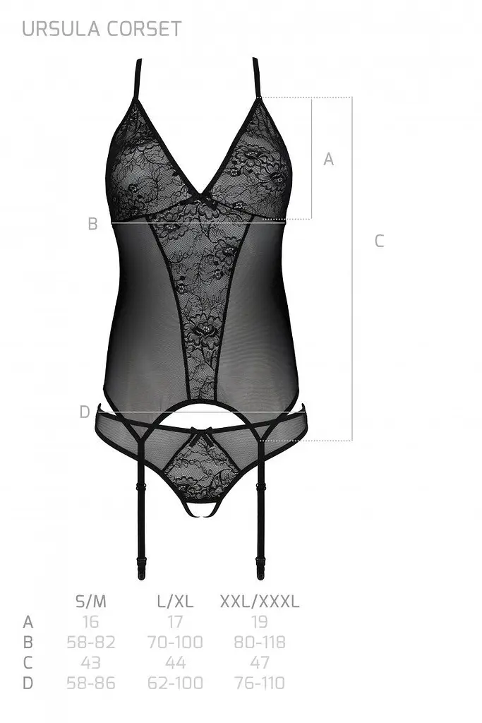 Корсет з пажами Passion Ursula Corset, трусики з ажурним декором та відкритим кроком, S/M (чорний) - фото 6