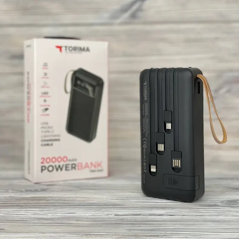 Павербанк з LED-дисплеєм та 4 вбудованими кабелями Micro-USB/Type-C/Lightning/USB TORIMA TRM-1021 20000 мАг Power bank для гаджетів Зовнішній акумулятор з ліхтарем та індикатором заряду Чорний - фото 6