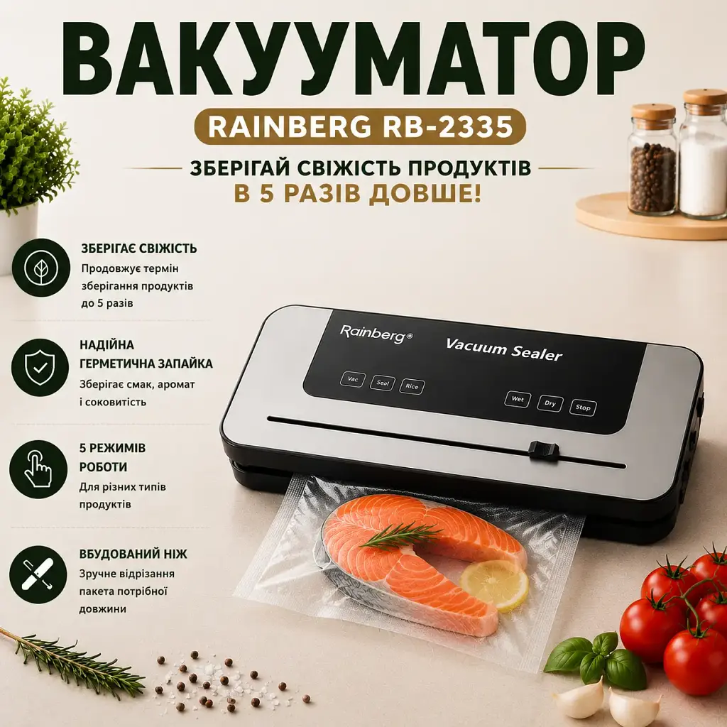 Вакуумний пакувальник із вбудованим ножем 5 режимів Вакууматор для продуктів 5 режимів роботи - фото 3