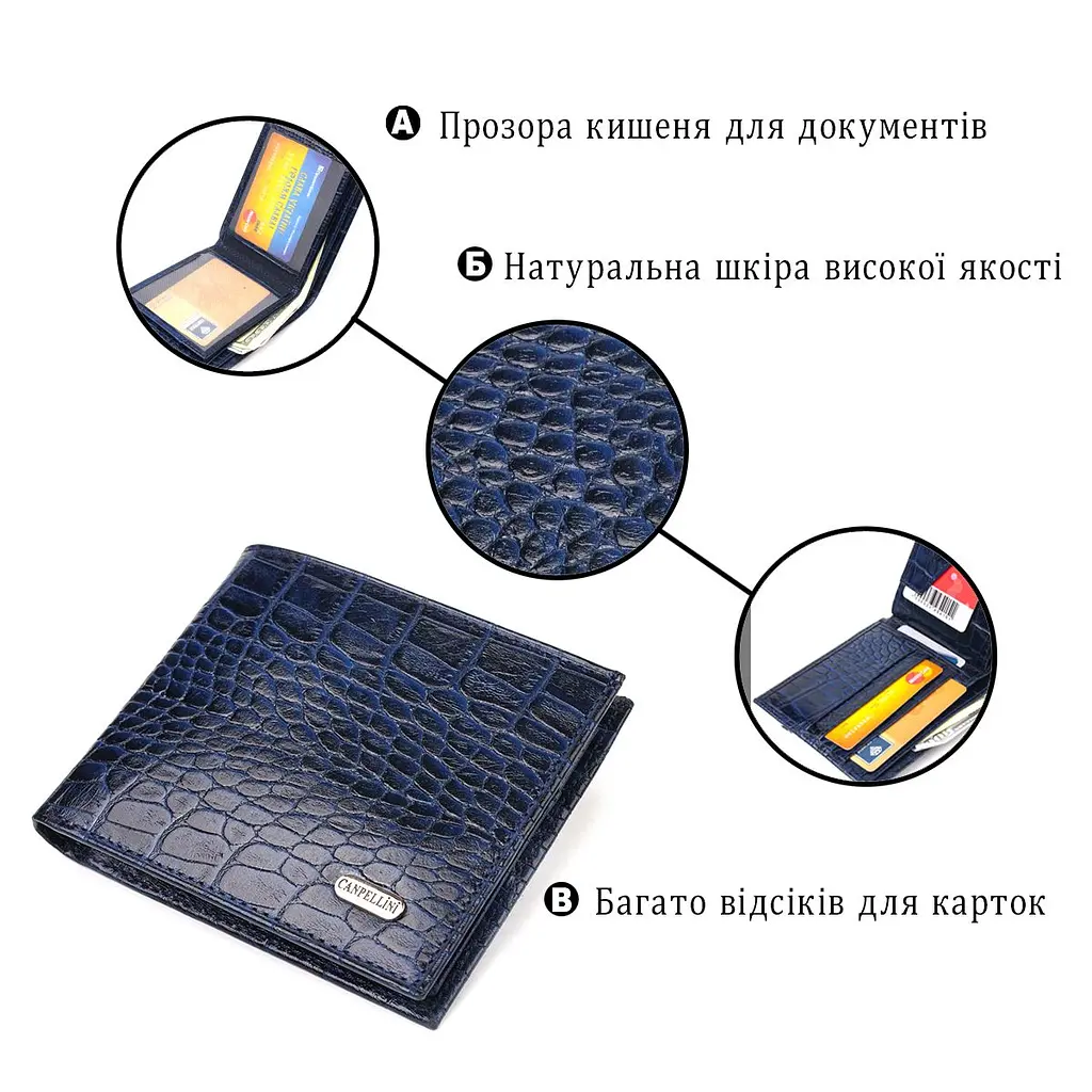 Стильний гаманець для чоловіків у два складення з натуральної шкіри з тисненням під крокодила Canpellini 21580 синій - фото 4
