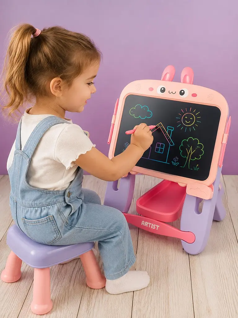 Мольберт розвивальний комплект дитячий дошка і стільчик, LCD дисплей (рожевий). - фото 3