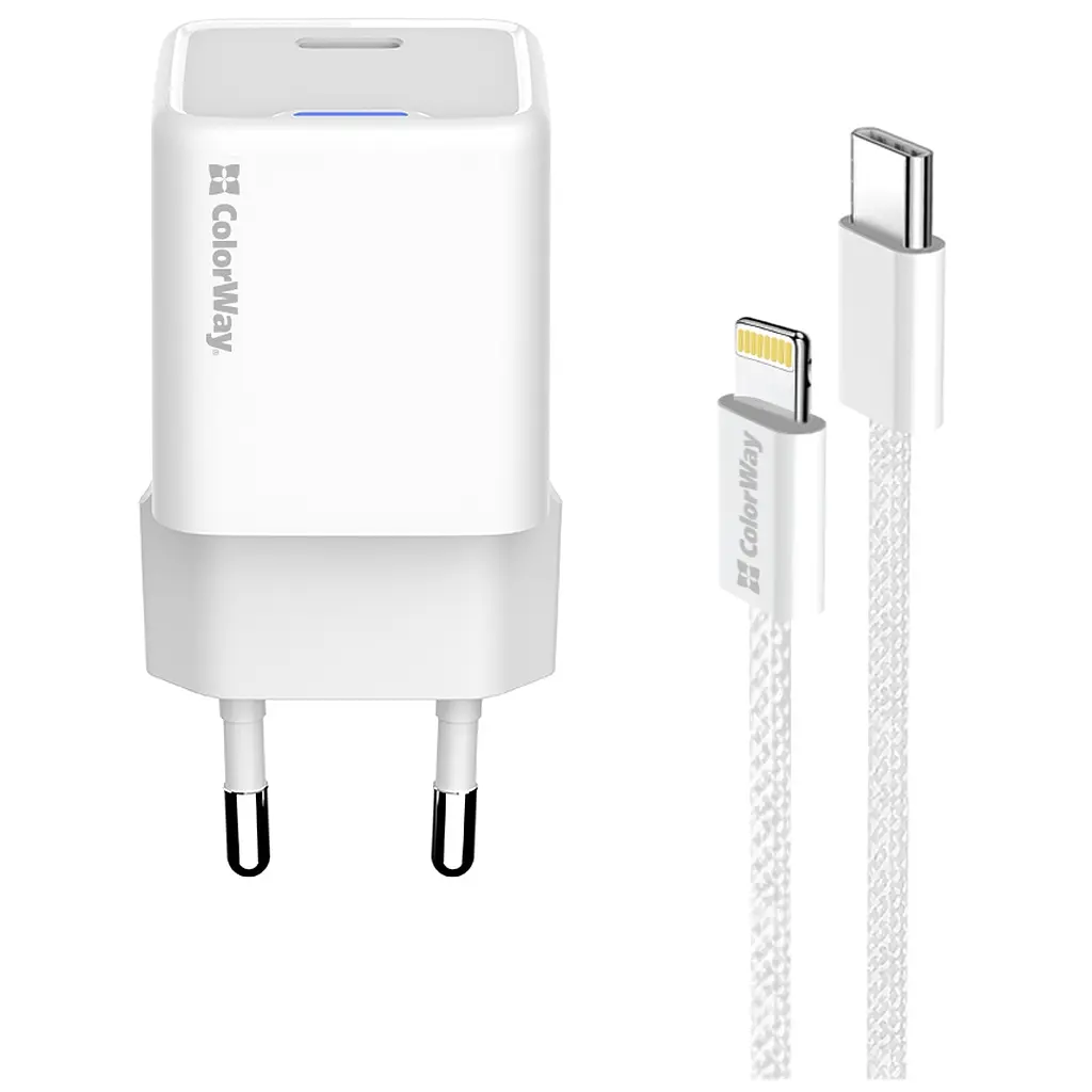 Зарядний пристрій ColorWay C101D GaN Mini 20 Вт PD PPS USB-C + кабель USB-C — Lightning білий (CW-CHS059PDL-WT) - фото 4