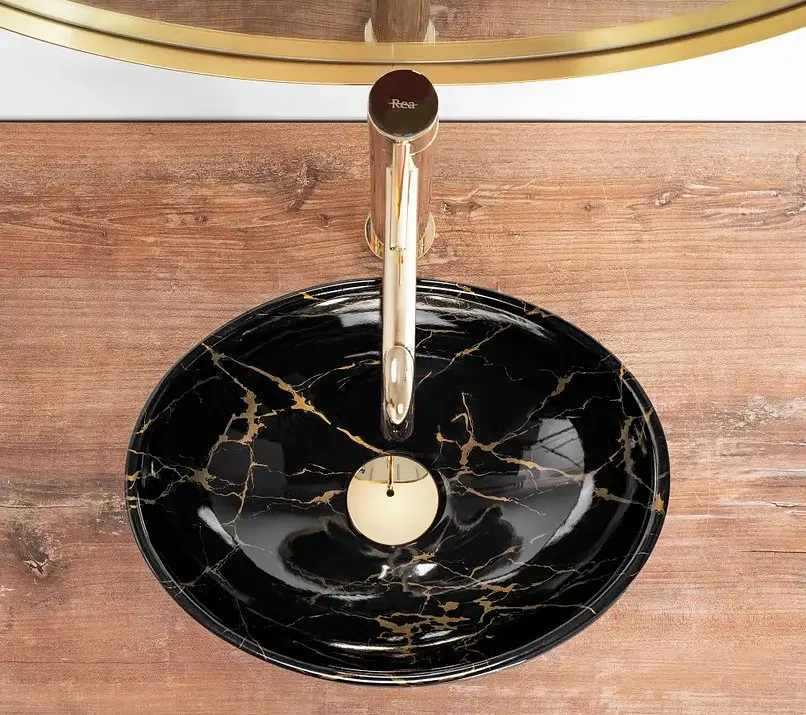Умивальник Rea Sofia mini black marble shiny накладний REA-U6963, Чорний матовий - фото 4