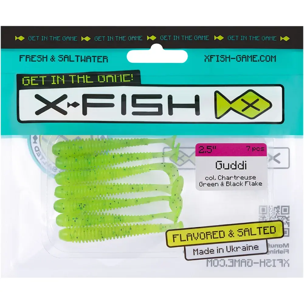 Силікон X-Fish Guddi 2.5" Chartreuse Green & Black Flake (7шт/уп) - фото 2