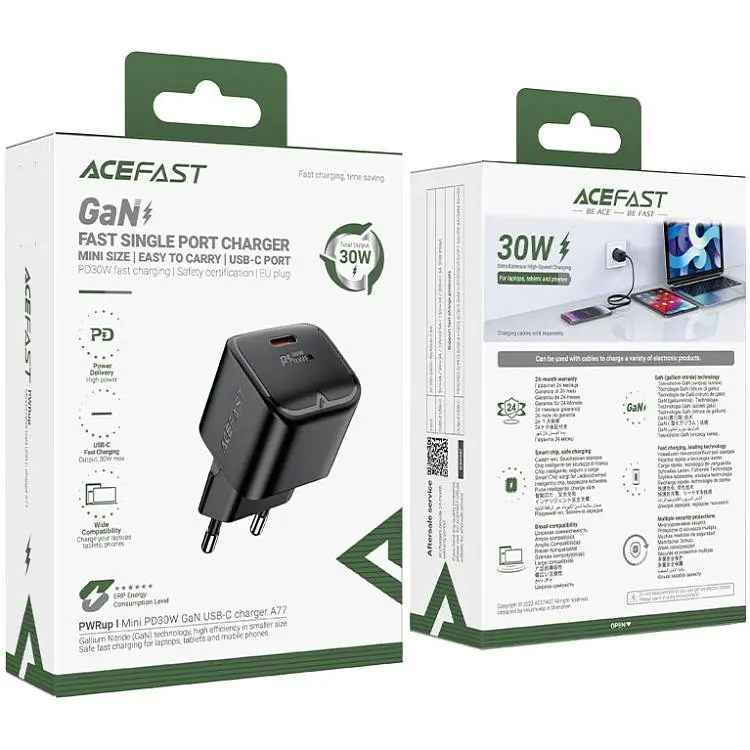 Зарядное устройство Acefast 1xUSB-C 30W Gan A77 mini Fast Charger Black (6974316282662) - фото 3