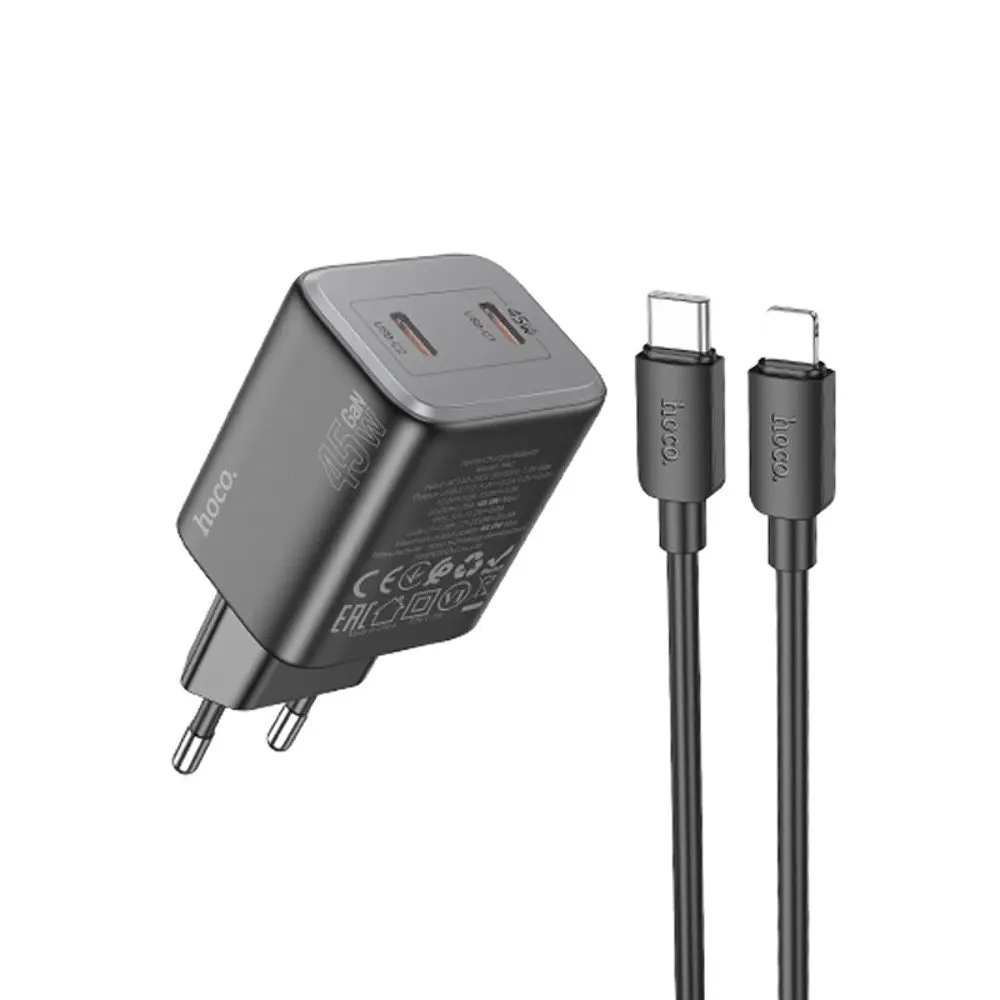 Мережевий зарядний пристрій Hoco N42 2 Type-C PD 45W чорний + кабель Type-C to Lightning - фото 2