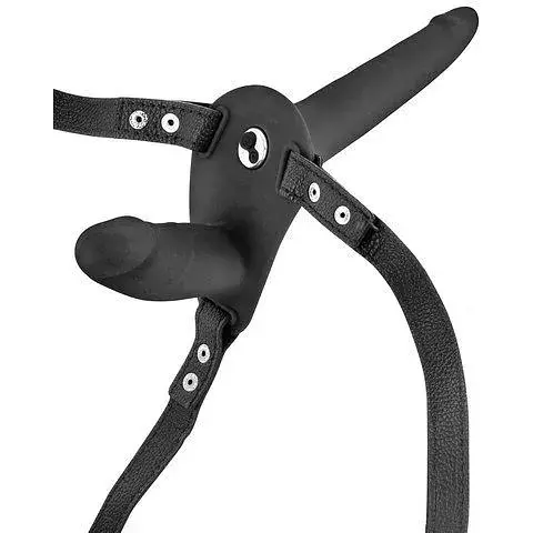Двойной страпон с вибрацией Fetish Tentation Vibrating STrap-On With Double Dildo Black - фото 2