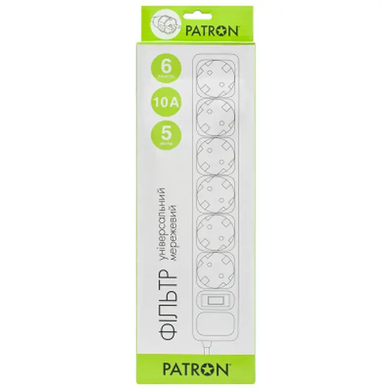 Мережевий фільтр живлення Patron 5m (SP-1065W), 6 розеток White (EXT-PN-SP-1065W) - фото 2