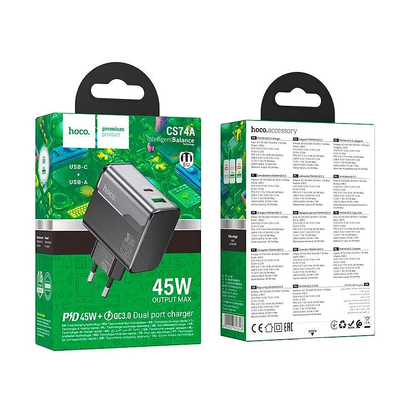 Адаптер мережевий HOCO Star Speed charger CS74A 1Type-C/1USB, 3A/45W, PD/QC - фото 2