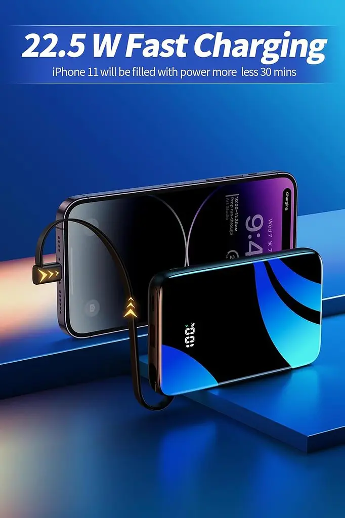 Портативний зарядний пристрій для iPhone із вбудованим кабелем, 22,5 Вт PD USB-C швидкозарядний 10000 мАг - фото 4