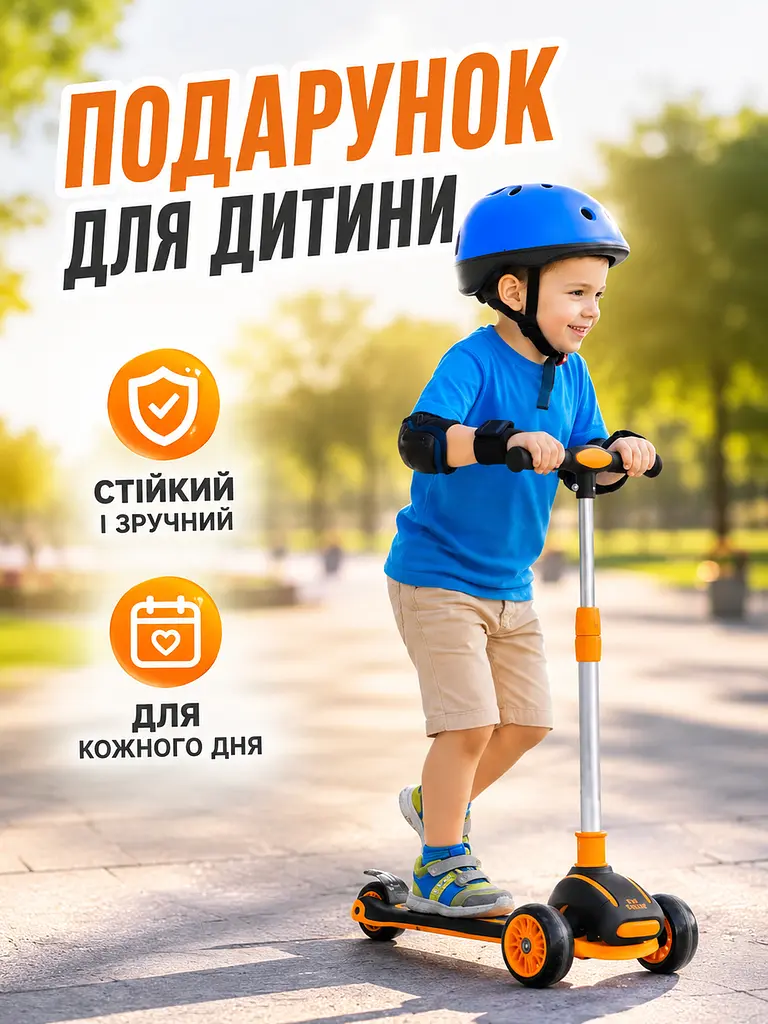 Дитячий самокат триколісний чорний/помаранчевий з підсвічуванням коліс музикою та регульованим кермом (49675950) - фото 9