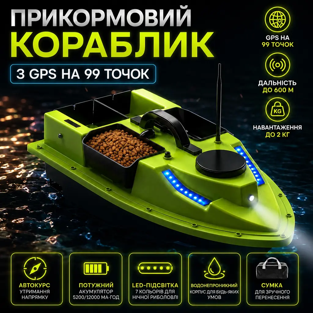 Прикормочний кораблик для риболовлі з GPS на 99 точок, до 2 кг, дальність 600 м - фото 6