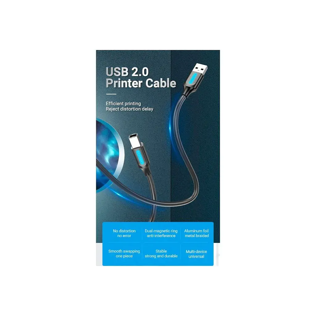 Кабель для принтера USB 2.0 AM/BM 2.0m 480Mbps PVC black Vention (COQBH) - фото 2