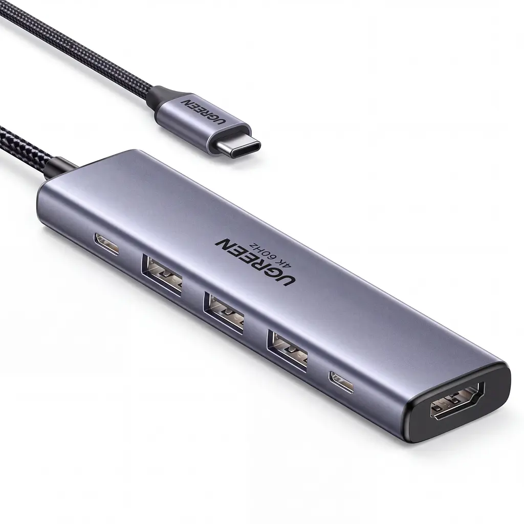 Док-станція USB-C UGREEN CM511 хаб 6 в 1 HDMI 4K 60 Гц / 2K 144 Гц / 1080p 240 Гц 3 USB-A та 1 USB-C для даних до 10 Гбіт/с вхід USB-C PD 3.0 до 100 Вт заряджання ноутбука до приблизно 85 Вт максимальна потужність із зарядним пристроєм USB-C PD 100 Вт Windows/macOS/Linux HDR Mac серії M смартфони й планшети з повнофункціональним USB-C захист від перенапруги перевантаження й короткого замикання алюмінієвий корпус кабель приблизно 20 см космічний сірий (45031)