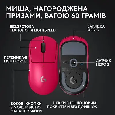 Мишка Logitech G Pro X Superlight 2 Lightspeed Wireless Magenta (910-006797) - фото 6