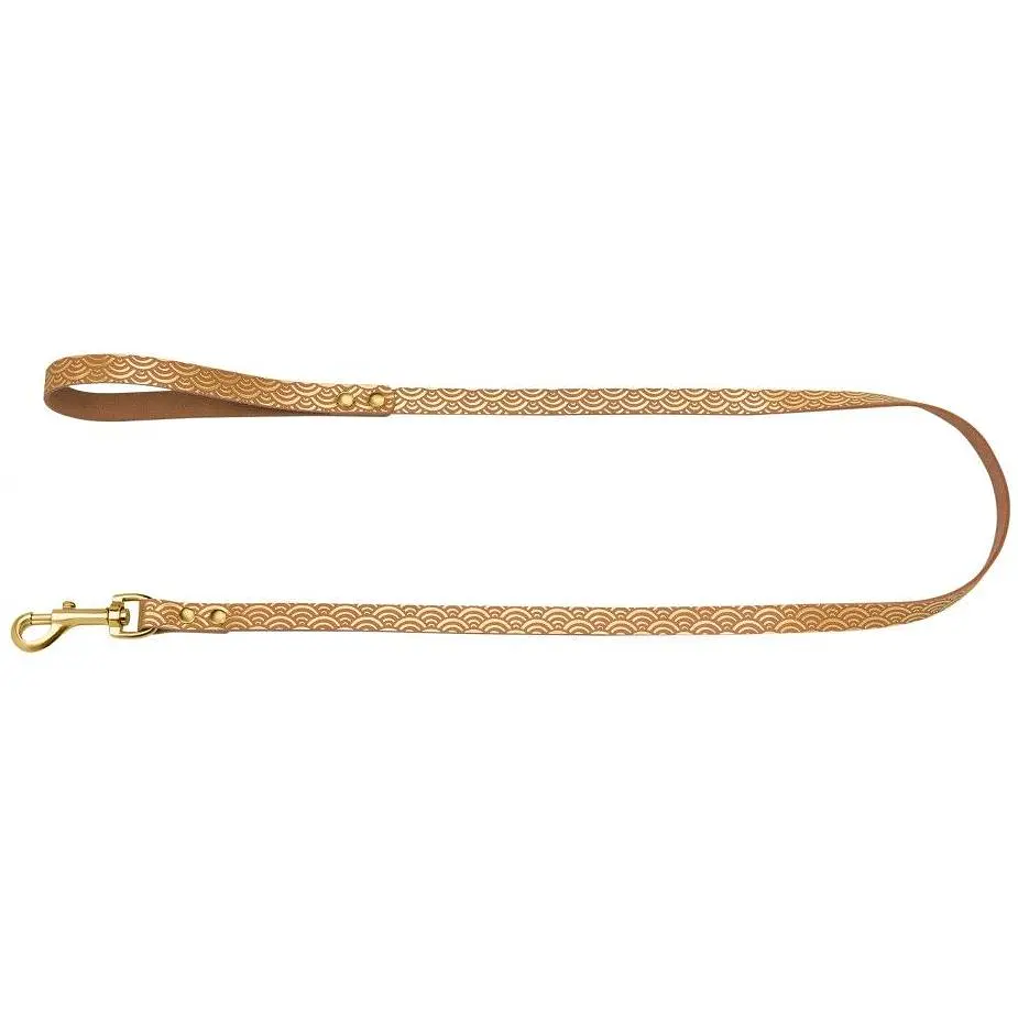 Поводок для собак BronzeDog Barksi Classic кожаный с золотым тиснением Море L 120х1.6 см горчица - фото 2
