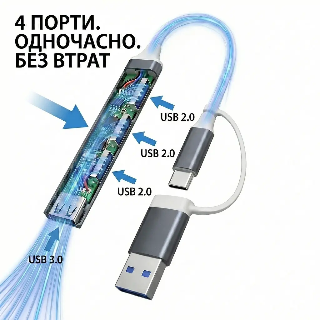 Алюмінієвий USB-хаб 4 порти 1×USB 3.0 + 3×USB 2.0 з підключенням Type-A і Type-C (графітовий) - фото 6