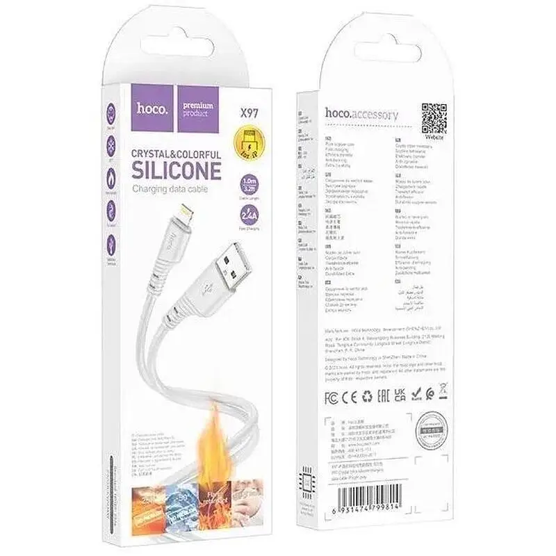 Кабель HOCO X97 Crystal color silicone charging data cable Lightning 2.4A 1m Білий - фото 2