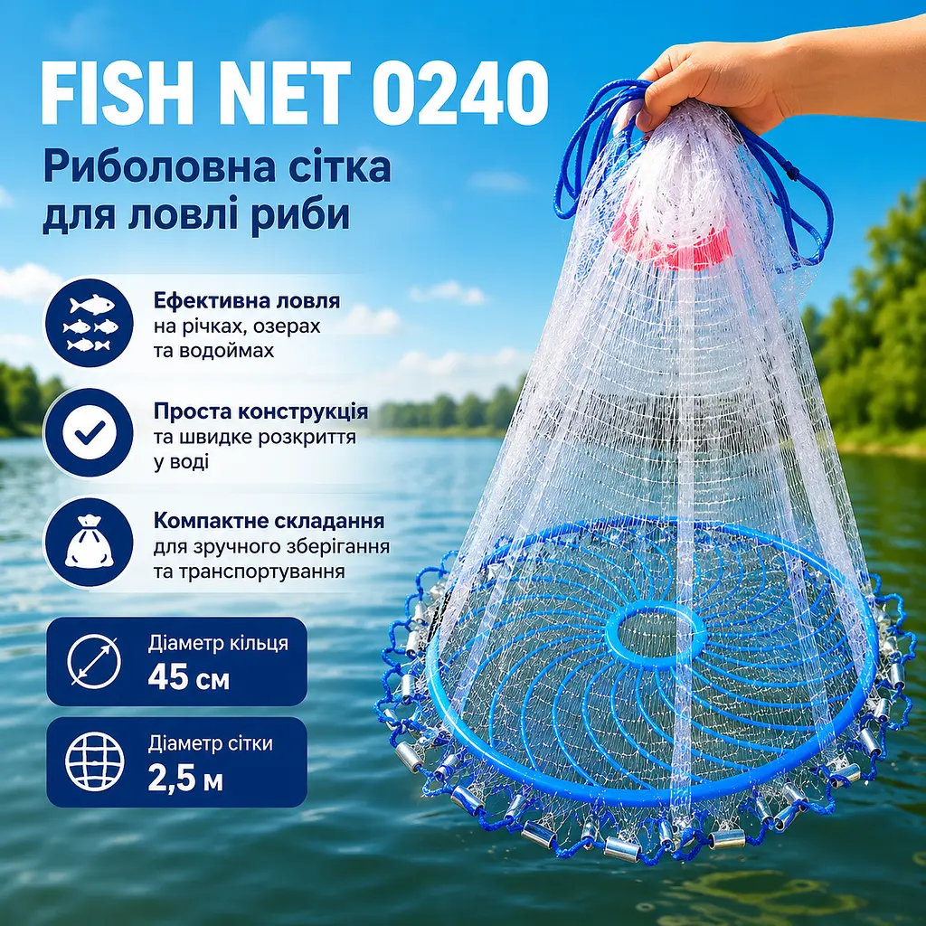 Рибальська сітка для ловлі риби FISH NET 0240 2.5 м кільце 45 см зручна та компактна модель - фото 3