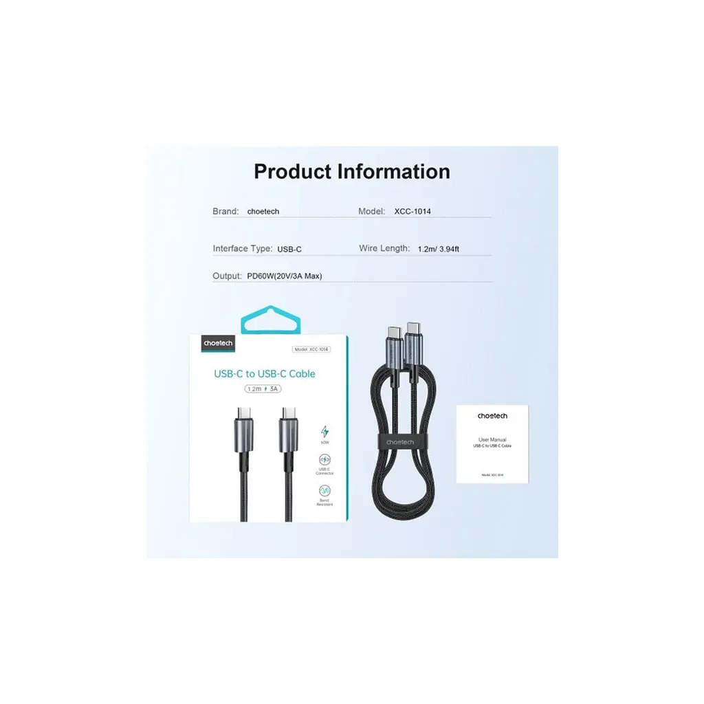 Дата кабель USB-C to USB-C 1.2m USB 2.0 60W Choetech (XCC-1014-BK) - фото 7