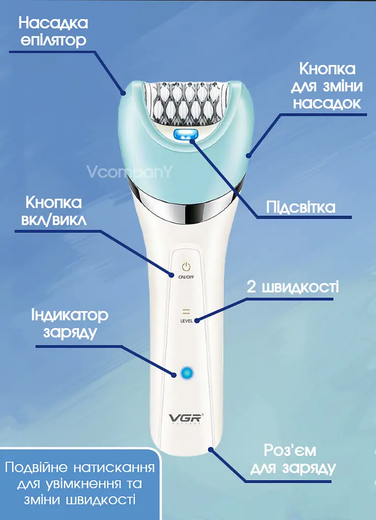 Епілятор жіночий з 5 насадками VGR, Пемза, Масажер, Бритва, депілятор бездротовий, волога епіляція з підсвічуванням
 - фото 11