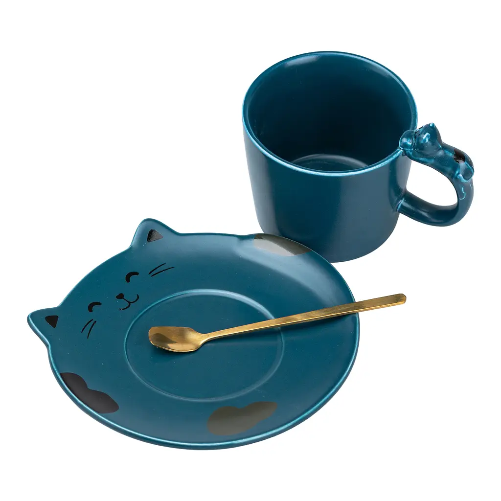 Чашка керамічна Happy Life Котики з блюдцем та ложкою синя 250 мл HP7202BL - фото 2