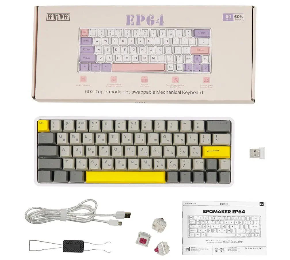 Клавіатура ігрова механічна бездротова Epomaker EP-64-WM White 2.4G/BT/USB RGB Mulan Switch Linear Hot-Swap - фото 2
