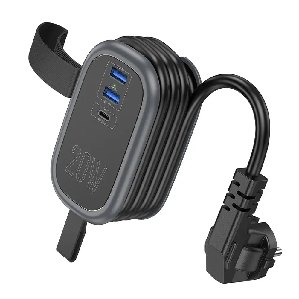 Мережевий зарядний пристрій подовжувач Hoco NS7 2 USB/ Type-C PD 20W 1 розетка 1.1m чорний - фото 3