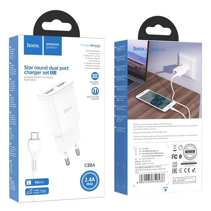 Зарядный набор Адаптер и кабель Micro USB Hoco C88A Star round dual port charger set белый - фото 5