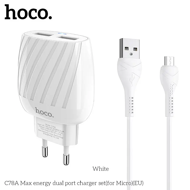 Блок мережевий адаптер живлення HOCO C78A Max energy набір із кабелем Micro USB білий - фото 7