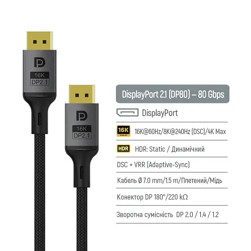 Кабель DisplayPort (M) - DisplayPort (M), 1.5 м, Black, ColorWay, V 2.1, 16 K / 60 Гц (CW-CBDP 091-BK) - фото 4