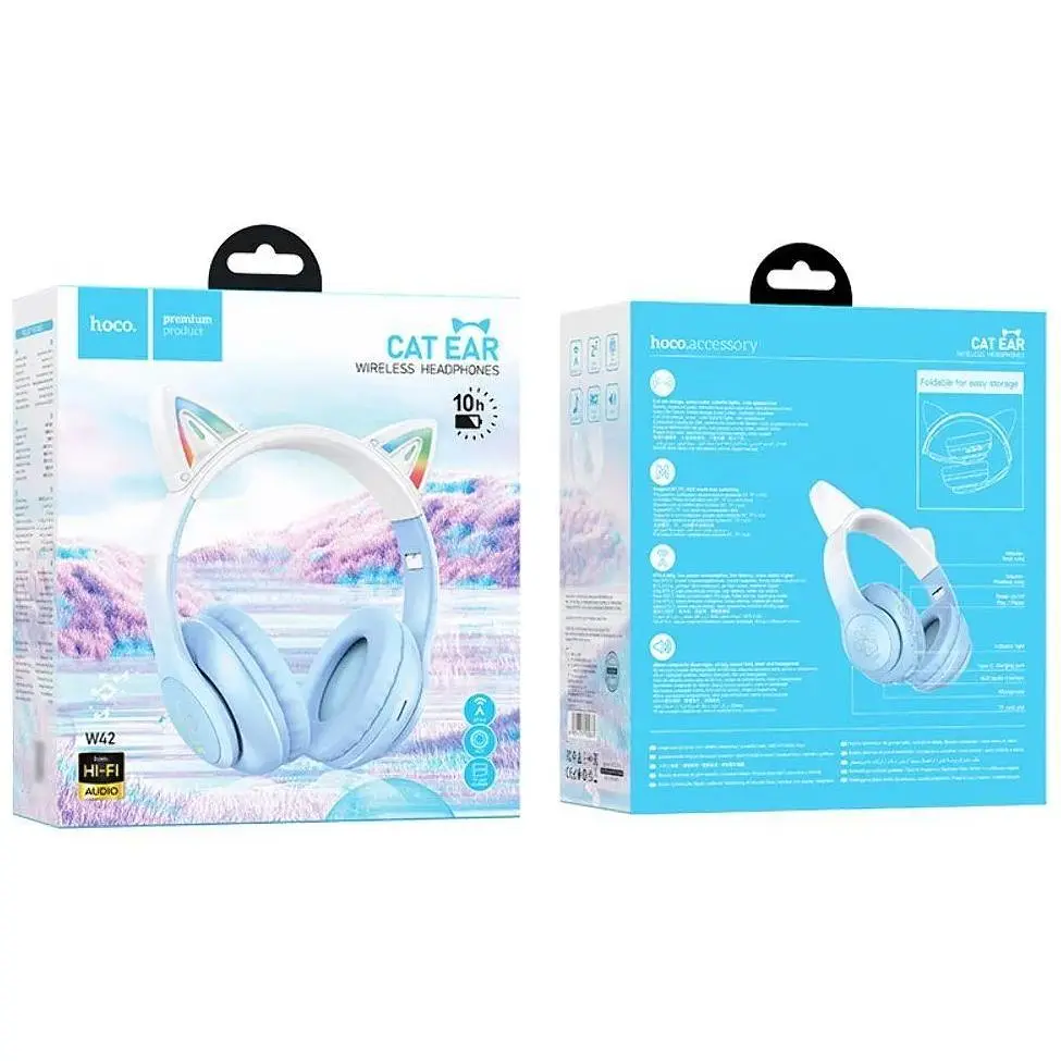 Bluetooth наушники накладные Hoco w42 cat ear с подсветкой голубые - фото 4
