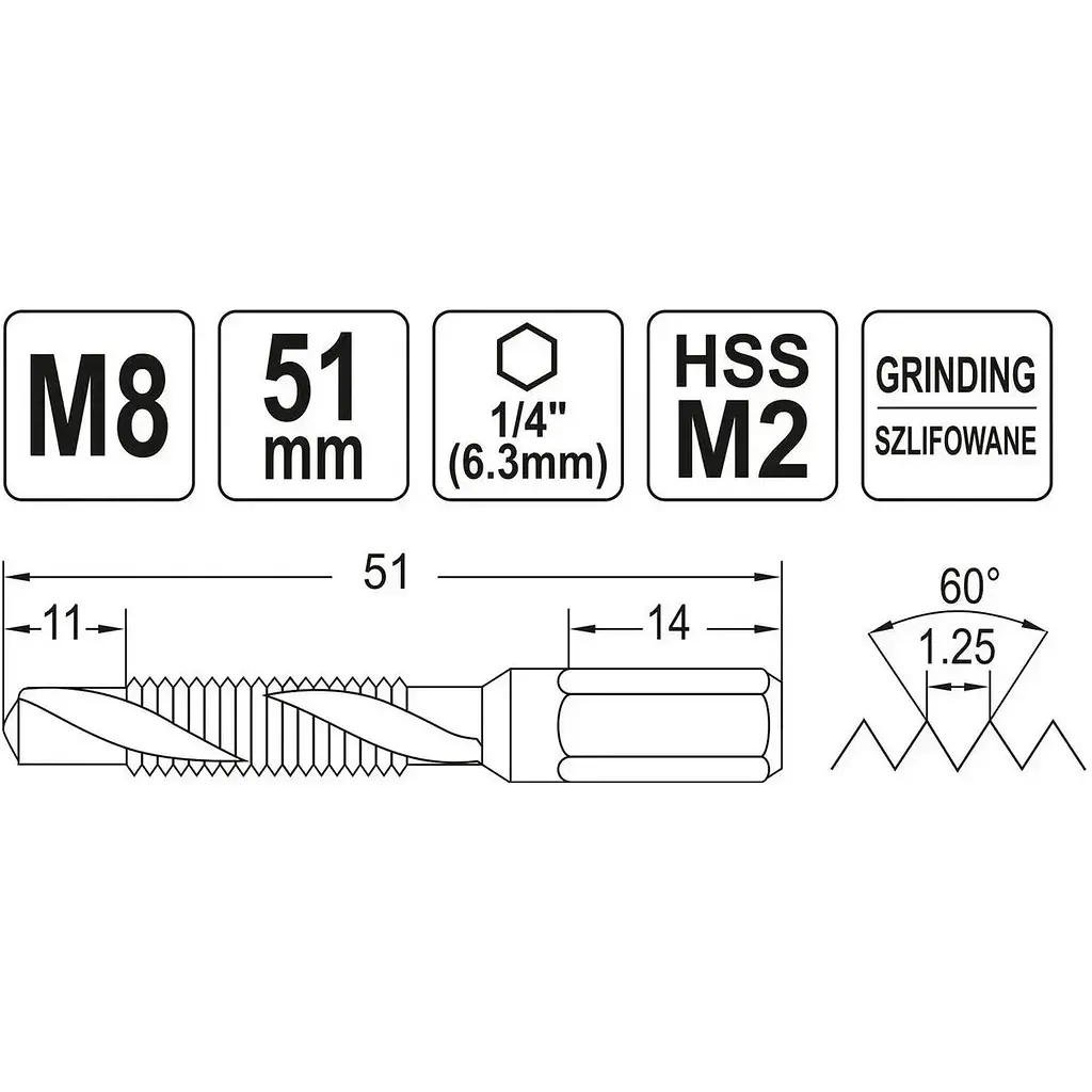 Сверло-метчик Yato М8х1.25 мм HSS М2 HEX-1/4 l=51/11 мм (YT-44845) - фото 4