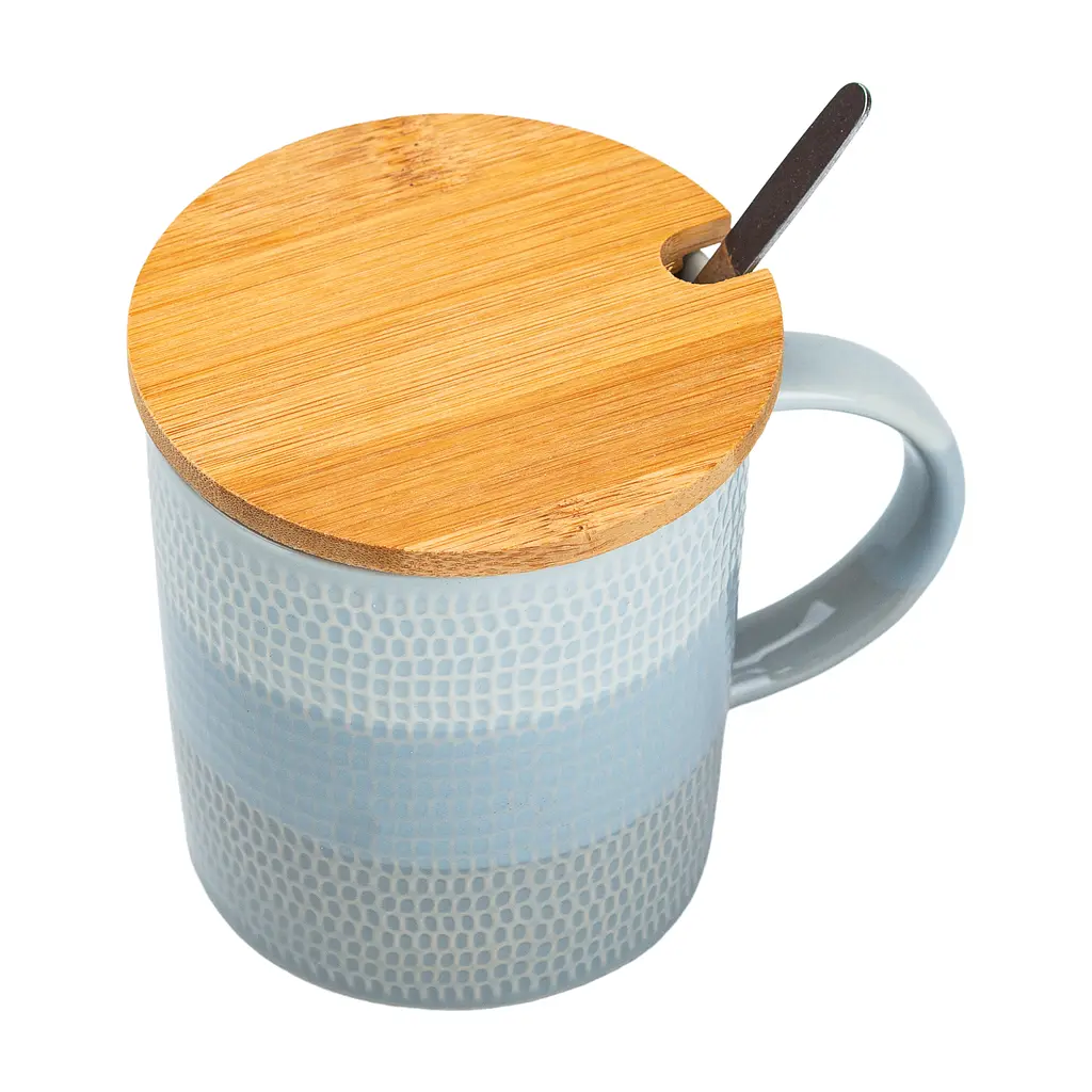 Чашка керамическая Happy Life в скандинавском стиле с крышкой и ложкой серая 350 мл HP7201G - фото 3