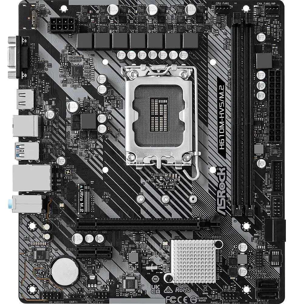 Материнская плата LGA1700, ASRock H610M-HVS/M.2 R2.0, H610, 2xDDR4, Int.Video(CPU), 4xSATA3, 1xM.2, 1xPCI-E 16x 4.0, 1xPCI-E 1x 3.0, ALC897, RTL8111H, 4xUSB3.2/6xUSB2.0, VGA/HDMI, MicroATX - фото 2