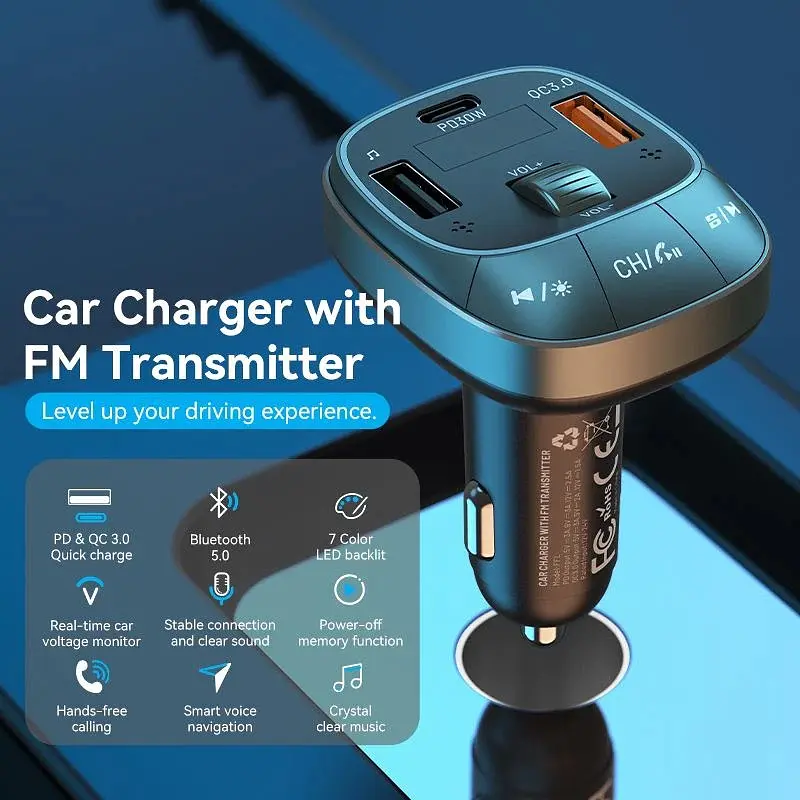 Автомобільний FM-трансміттер Vention PD 54W 3-Port USB (C+A+A) LED/USB Flash/Bluetooth, вольтметр - фото 6