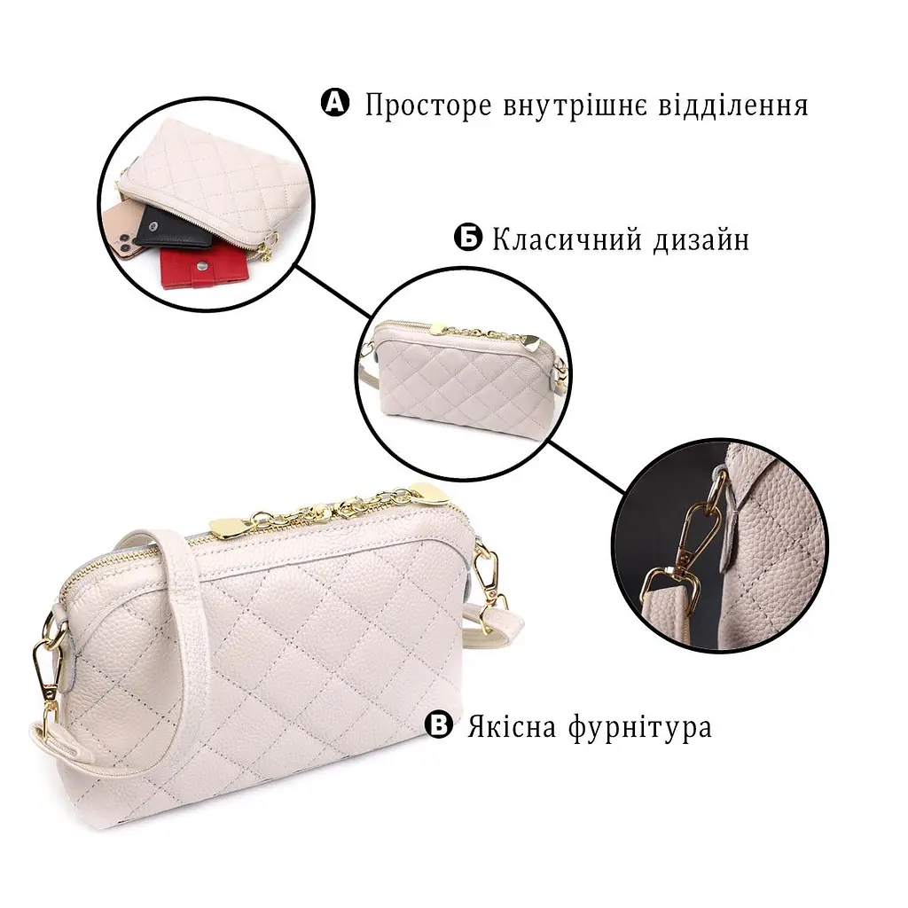 Стильна сумка жіноча через плече з натуральної стьобаної шкіри Vintage 22316 біла - фото 6
