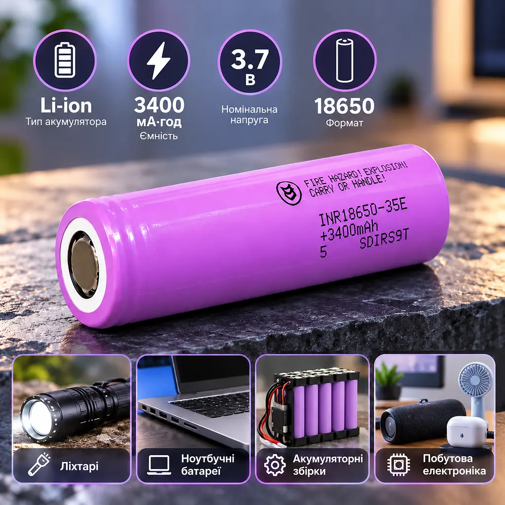 Акумулятор Samsung INR18650-35E 3400 мА·год Li-ion 3.7 В 18650 без захисту струм розряду 8 А до 13 А 2026 РІК - фото 4