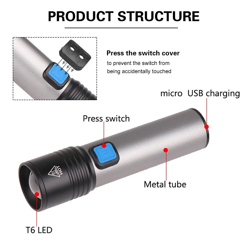 Фонарик Flashlight BL K31, аккумуляторный ручной, светодиодный с фокусировкой и USB зарядкой - фото 6