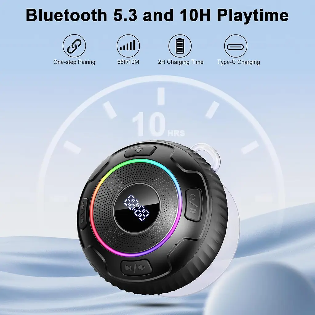 Водонепроникна Bluetooth колонка Hupoaf S5 IPX7 для душу пляжу кемпінгу подорожей з підсвіткою та дисплеєм часу (SKU-033) - фото 6