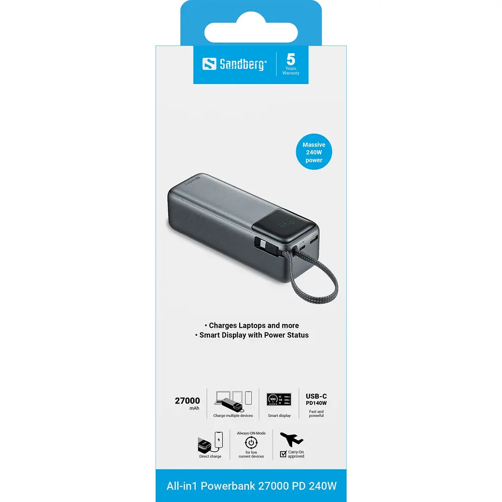 Універсальна мобільна батарея Sandberg 27000mAh 240W PD, USB-A, USB-C In/Out, з built-in Type-C cable 140W - фото 6