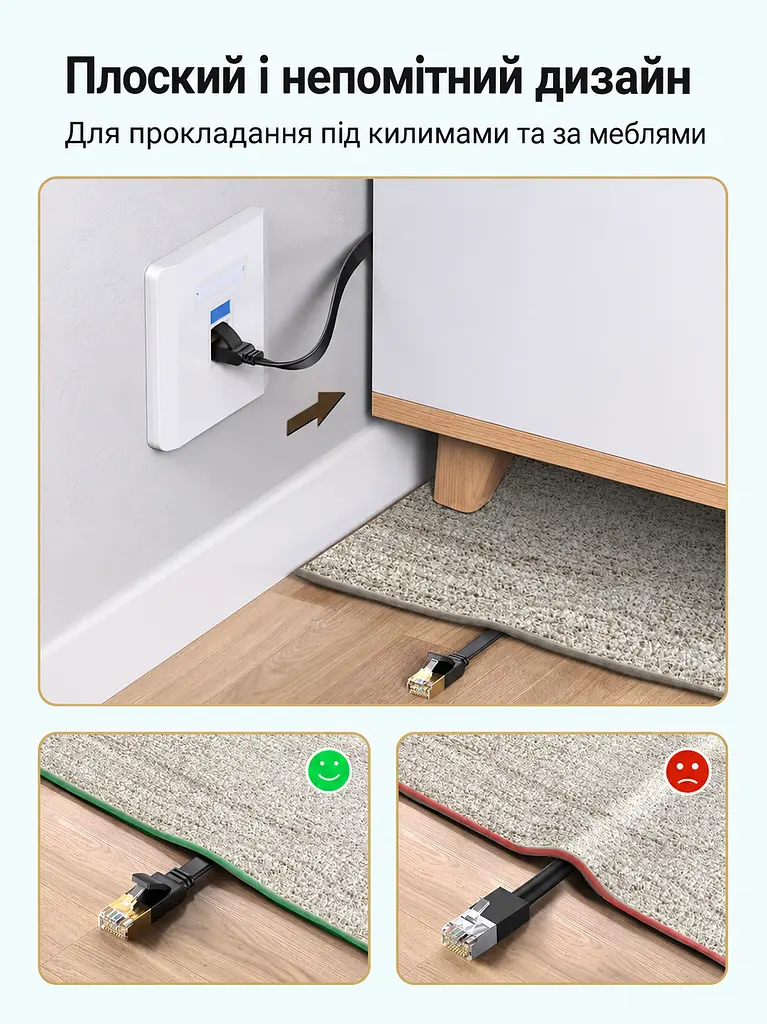 Плаский мережевий Ethernet-шнур UGREEN NW106 5 м товщина 2,1 мм патч-корд LAN-кабель штекери RJ45 на обох кінцях Cat 7 до 10 Гбіт/с 600 МГц сумісний з PoE-обладнанням для прокладання під килимами та вздовж стін 20 настінних кліпс і пилозахисні ковпачки для обох штекерів екранування U/FTP жили з чистої міді чорний (11263) - фото 3